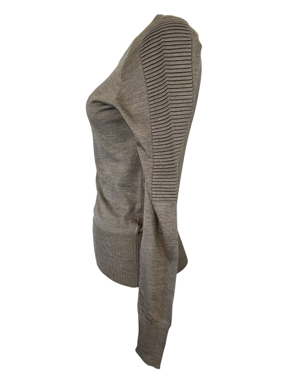 Nelle Partow Silk Knit Taupe minimalist Sweater with ribbed textured sleeves - Picture 4 of 6